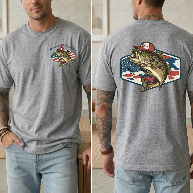 Mens Patriotic Fish Shirt, Hooked on Freedom Tee, Fishing 4th of July Shirt