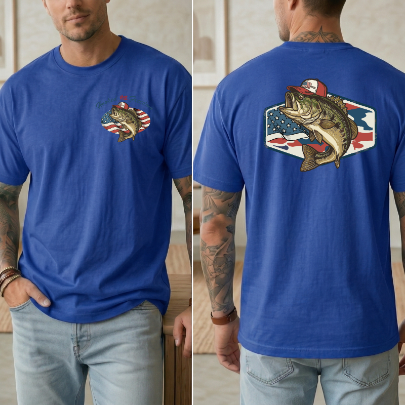 Mens Patriotic Fish Shirt, Hooked on Freedom Tee, Fishing 4th of July Shirt