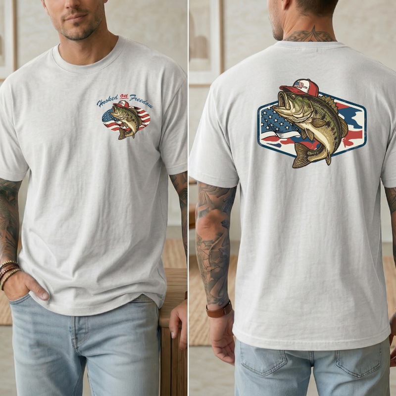Mens Patriotic Fish Shirt, Hooked on Freedom Tee, Fishing 4th of July Shirt