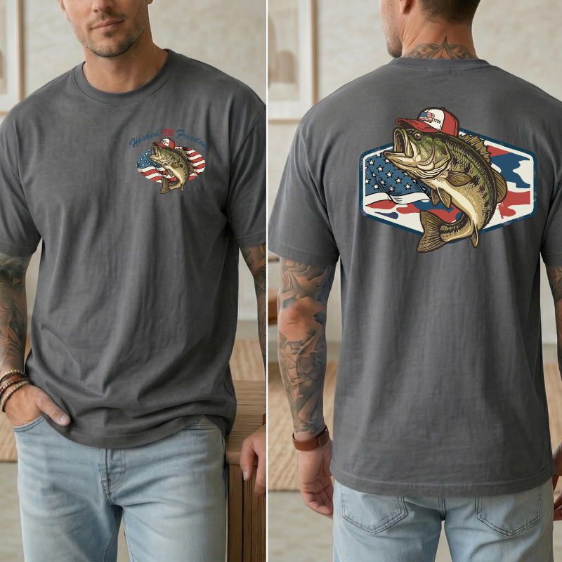 Mens Patriotic Fish Shirt, Hooked on Freedom Tee, Fishing 4th of July Shirt