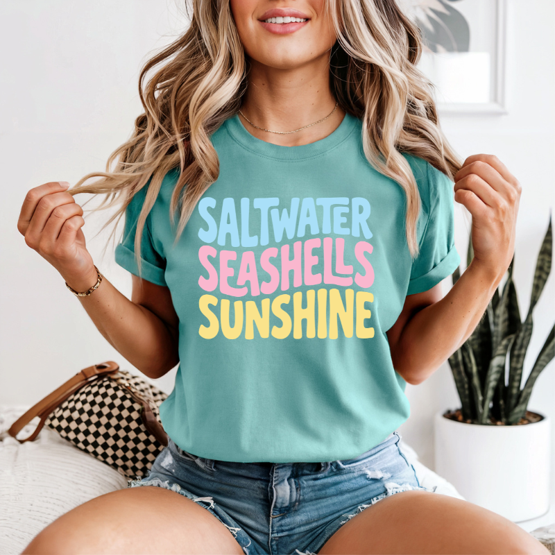 Saltwater Seashells Sunshine T-Shirt – Bright Neon Comfort Colors Summer Tee