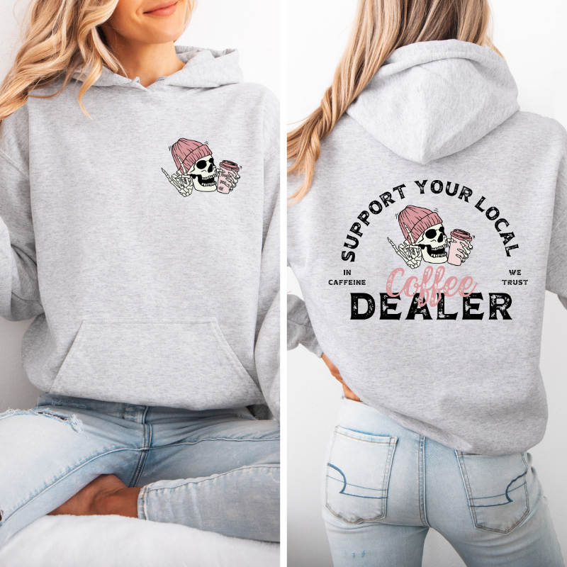 Support your local coffee dealer Hoodie with viral skeleton coffee graphic