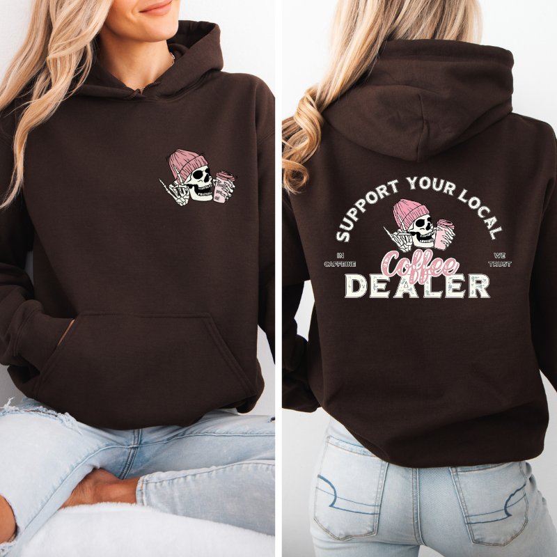 Support your local coffee dealer Hoodie with viral skeleton coffee graphic