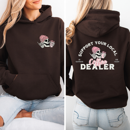 Support your local coffee dealer Hoodie with viral skeleton coffee graphic