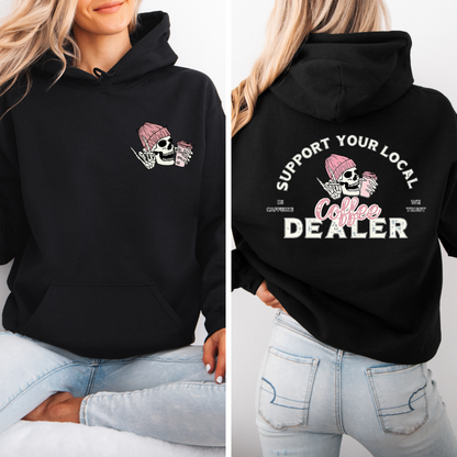 Support your local coffee dealer Hoodie with viral skeleton coffee graphic