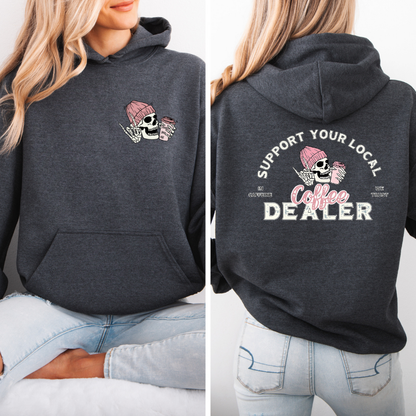 Support your local coffee dealer Hoodie with viral skeleton coffee graphic