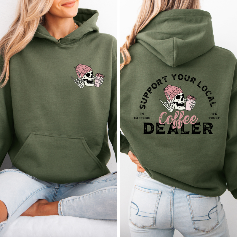 Support your local coffee dealer Hoodie with viral skeleton coffee graphic