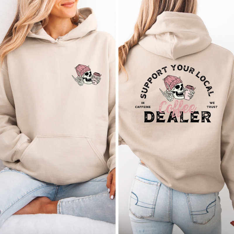 Support your local coffee dealer Hoodie with viral skeleton coffee graphic