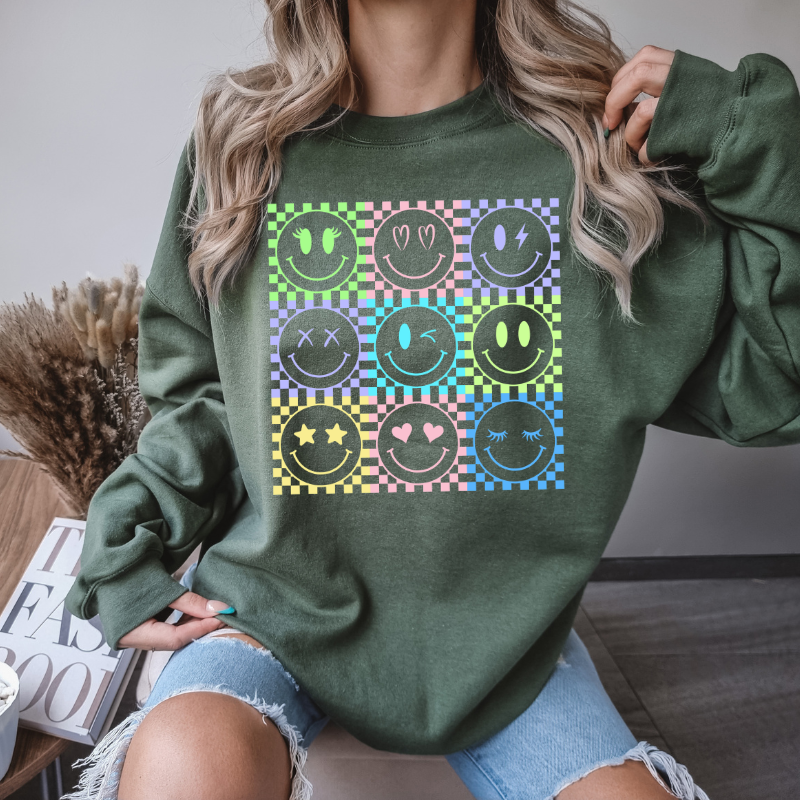 Smiley Neon Bright colored graphic sweatshirt and T-shirts