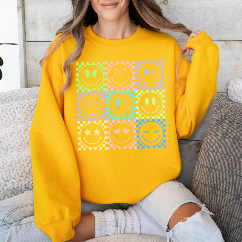 Smiley Neon Bright colored graphic sweatshirt and T-shirts